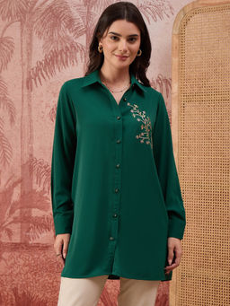 First Resort by Ramola Bachchan - Women Green Embellished Casual Shirt