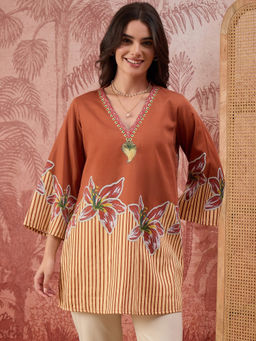 First Resort by Ramola Bachchan - Women Brown Striped Floral Embellished Top