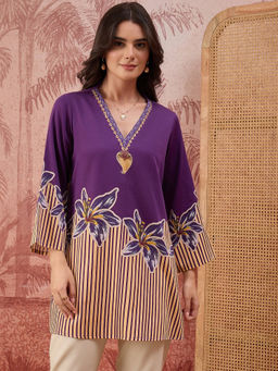 First Resort by Ramola Bachchan - Women Purple Striped Floral Embellished Top