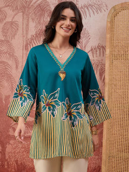 First Resort by Ramola Bachchan - Women Teal Striped Floral Embellished Top