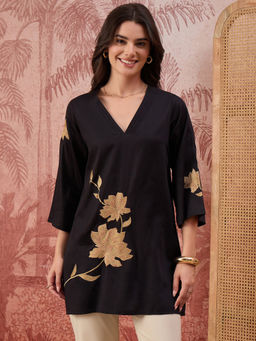 First Resort by Ramola Bachchan - Women Black Rose Pleated Neck Top