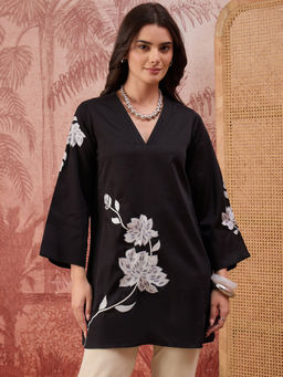 First Resort by Ramola Bachchan - Women Black Rose Pleated Neck Top