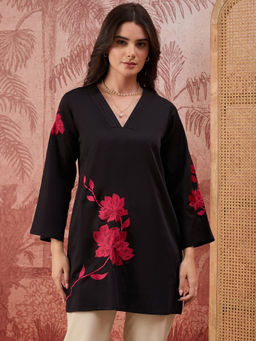First Resort by Ramola Bachchan - Women Black Pleated Neck Top