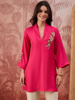 First Resort by Ramola Bachchan - Women Hot Pink Hand Embroidered Brooch Style Silk Top