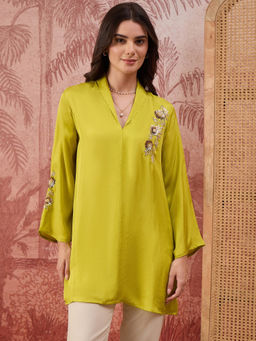 First Resort by Ramola Bachchan - Women Leaf Green Hand Embroidered Brooch Style Silk Top