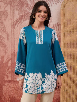 First Resort by Ramola Bachchan - Women Teal Warli-Inspired Floral Printed Top