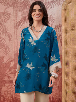 First Resort by Ramola Bachchan - Women Navy Blue Marine Printed Crystal Embellished Top