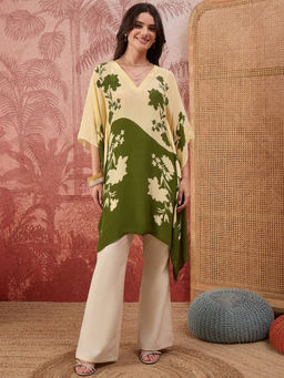 First Resort by Ramola Bachchan - Women Green Colour blocked Floral Kaftan Tunic