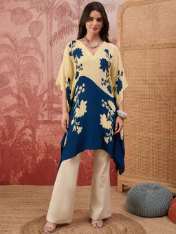 First Resort by Ramola Bachchan - Women Blue Colour blocked Floral Kaftan Tunic