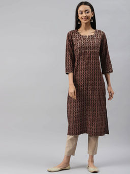 Meeranshi - Women Brown & Gold-toned Geometric Embroidered Keyhole Neck Cotton Kurta