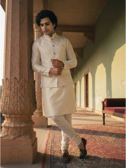 KISAH - Off White Cotton Embellished Kurta with Jacket and Churidar