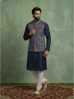 KISAH - Blue Silk Blend Printed Kurta with Jacket and Churidar