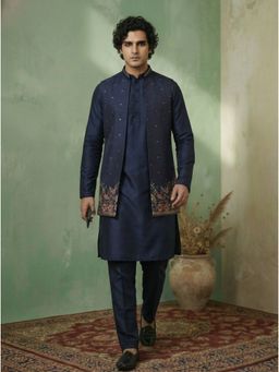 KISAH - Blue Cotton Embroidered Kurta and Trouser and Jacket