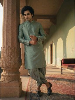 KISAH - Green Cotton Blend Mirror Work Kurta and Dhoti