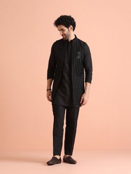 KISAH - Black Silk Blend Embellished Mid Kurta and Trouser and Jacket