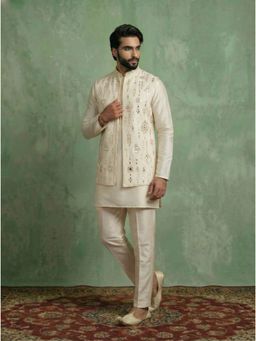 KISAH - Cream Poly Silk Embroidered Mid Kurta Long Jacket and Trouser