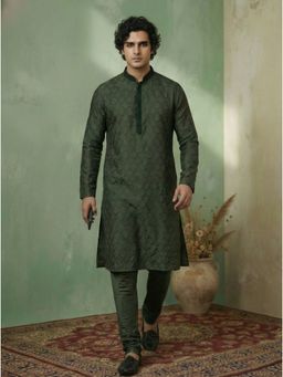 KISAH - Olive Silk Blend Jacquard Kurta and Churidar