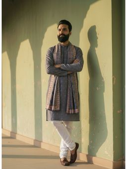 KISAH - Grey Silk Blend Printed Kurta and Churidar with Dupatta