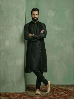 KISAH - Black Silk Blend Embroidered Kurta and Trouser with Dupatta