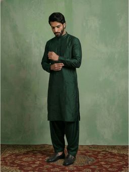 KISAH - Bottle Green Cotton Blend Embroidered Kurta and Salwar