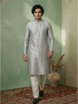 KISAH - Grey Silk Blend Solid Kurta and Trouser