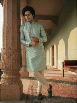 KISAH - Green Silk Blend Textured Kurta and Churidar