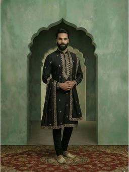 KISAH - Black Cotton Blend Embellished Kurta and Trouser with Dupatta