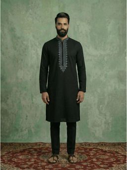 KISAH - Black Silk Blend Jacquard Embroidered Kurta and Trouser