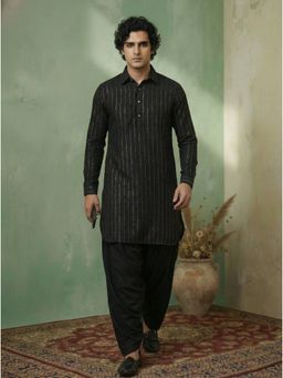 KISAH - Black Silk Blend Self Design Pathani Kurta and Salwar