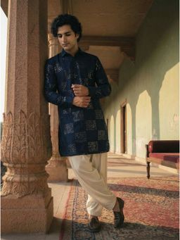 KISAH - Blue Silk Blend Textured Embroidered Pathani Kurta and Salwar