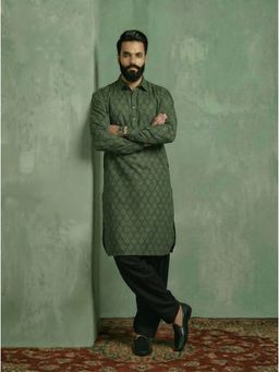 KISAH - Olive Silk Blend Self Design Pathani Kurta and Salwar