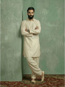 KISAH - White Silk Blend Jacquard Pathani Kurta and Salwar