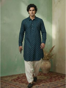 KISAH - Blue Silk Blend Embellished Pathani Kurta and Salwar