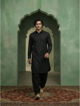 KISAH - Black Silk Blend Jacquard Pathani Kurta and Salwar