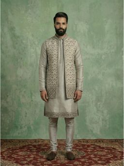 KISAH - Grey Silk Blend Textured Kurta Churidar and Jacket