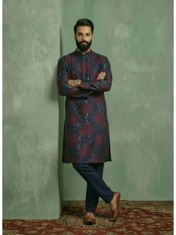 KISAH - Navy Blue Cotton Blend Embroidered Mid Kurta and Trouser