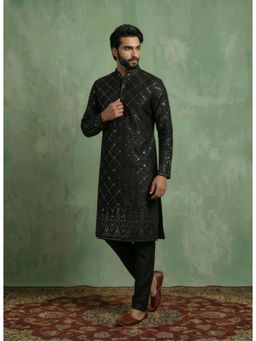 KISAH - Charcoal Black Cotton Blend Embellished Kurta and Trouser