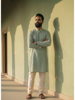 KISAH - Green Silk Blend Schiffli Kurta and Trouser