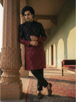 KISAH - Black and Red Cotton Embellished Kurta and Trouser