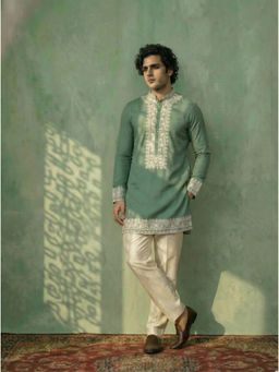 KISAH - Green Silk Blend Embroidered Mid Kurta and Trouser