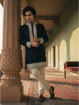 KISAH - Black Silk Blend Embroidered Mid Kurta and Trouser