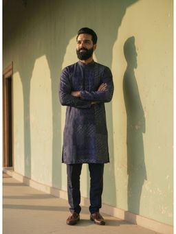 KISAH - Navy Blue Silk Blend Printed Kurta and Trouser