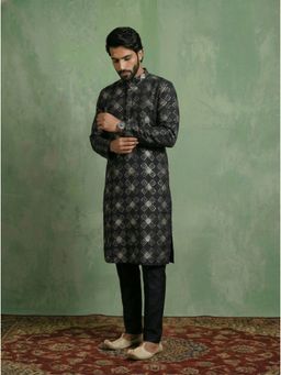 KISAH - Black Chanderi Cotton Printed Kurta and Trouser