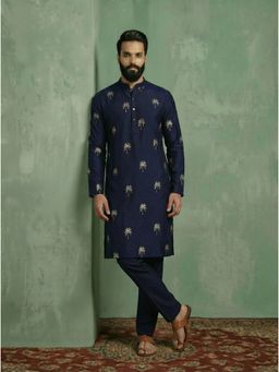 KISAH - Navy Blue Polyrayon Gold Printed Kurta and Trouser