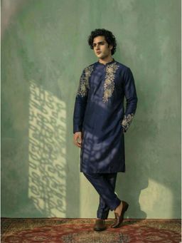 KISAH - Navy Blue Poly Silk Floral Embroidered Kurta and Trouser