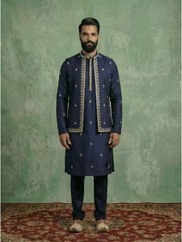 KISAH - Navy Blue Silk Blend Embroidered Kurta and Trouser and Jacket