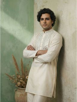 KISAH - Cream Silk Blend Embroidered Mid Kurta and Trouser