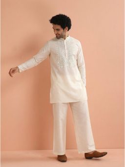 KISAH - Cream Cotton Silk Embroidered Mid Kurta and Pant