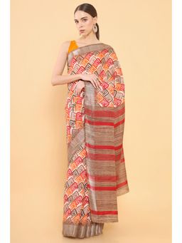 Soch - Women Orange Chanderi Printed Saree with Unstitched Blouse