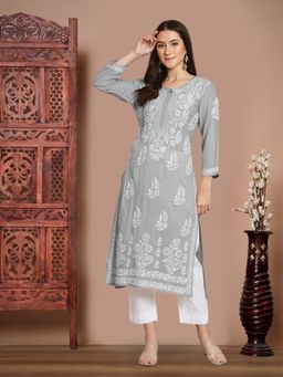 PARAMOUNT CHIKAN - Grey Ethnic Motifs Embroidered Straight Kurta